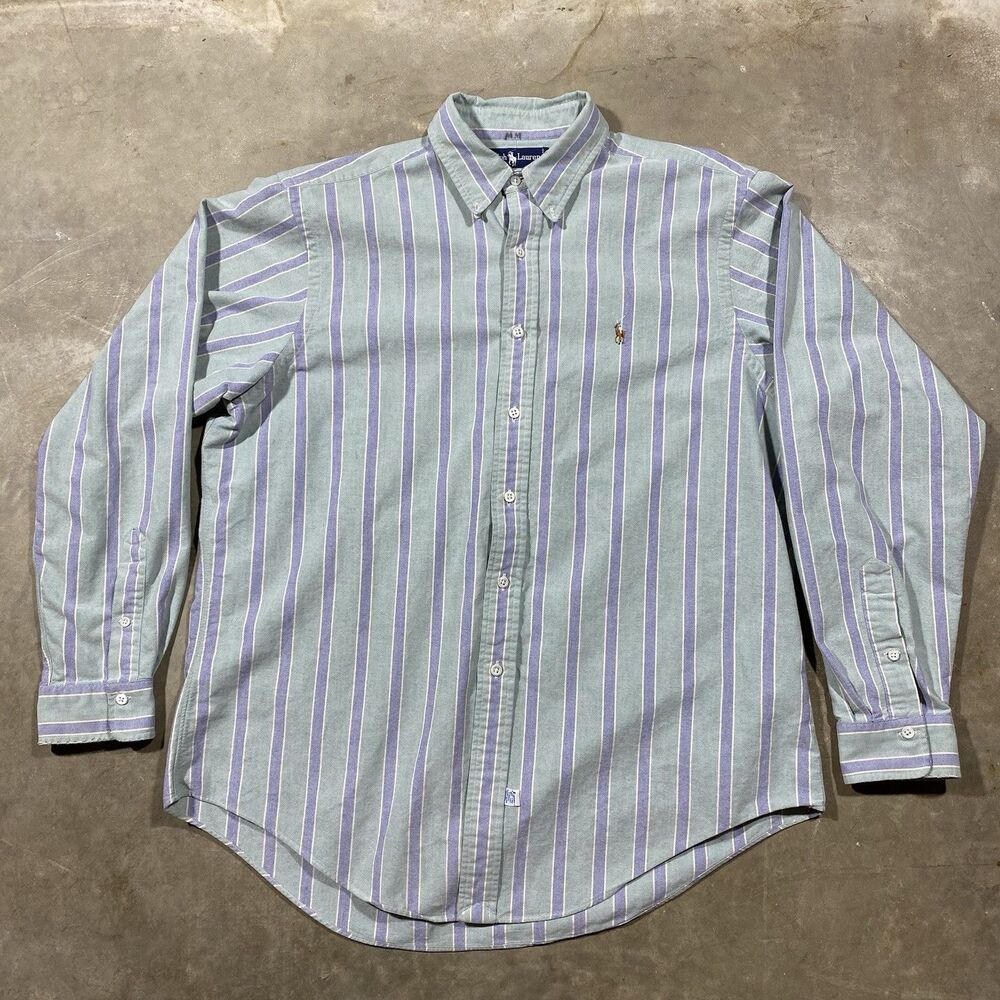 Ralph Lauren Green Purple Stripe Oxford Button Down Shirt XL Long Sleeve Cotton
